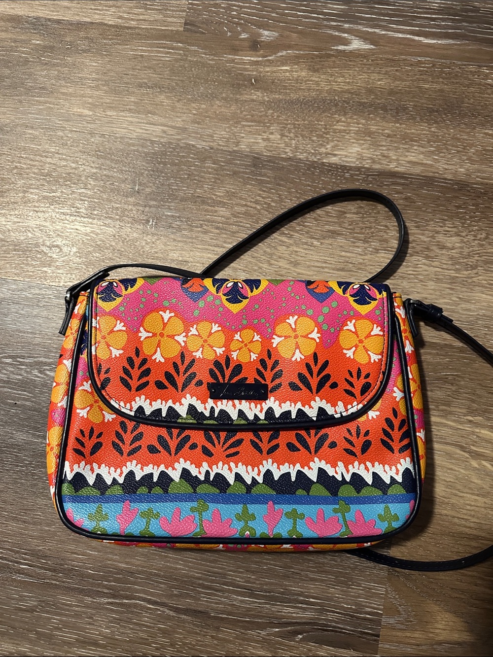 Vera Bradley Pink Orange Floral Crossbody Bag with Black Strap